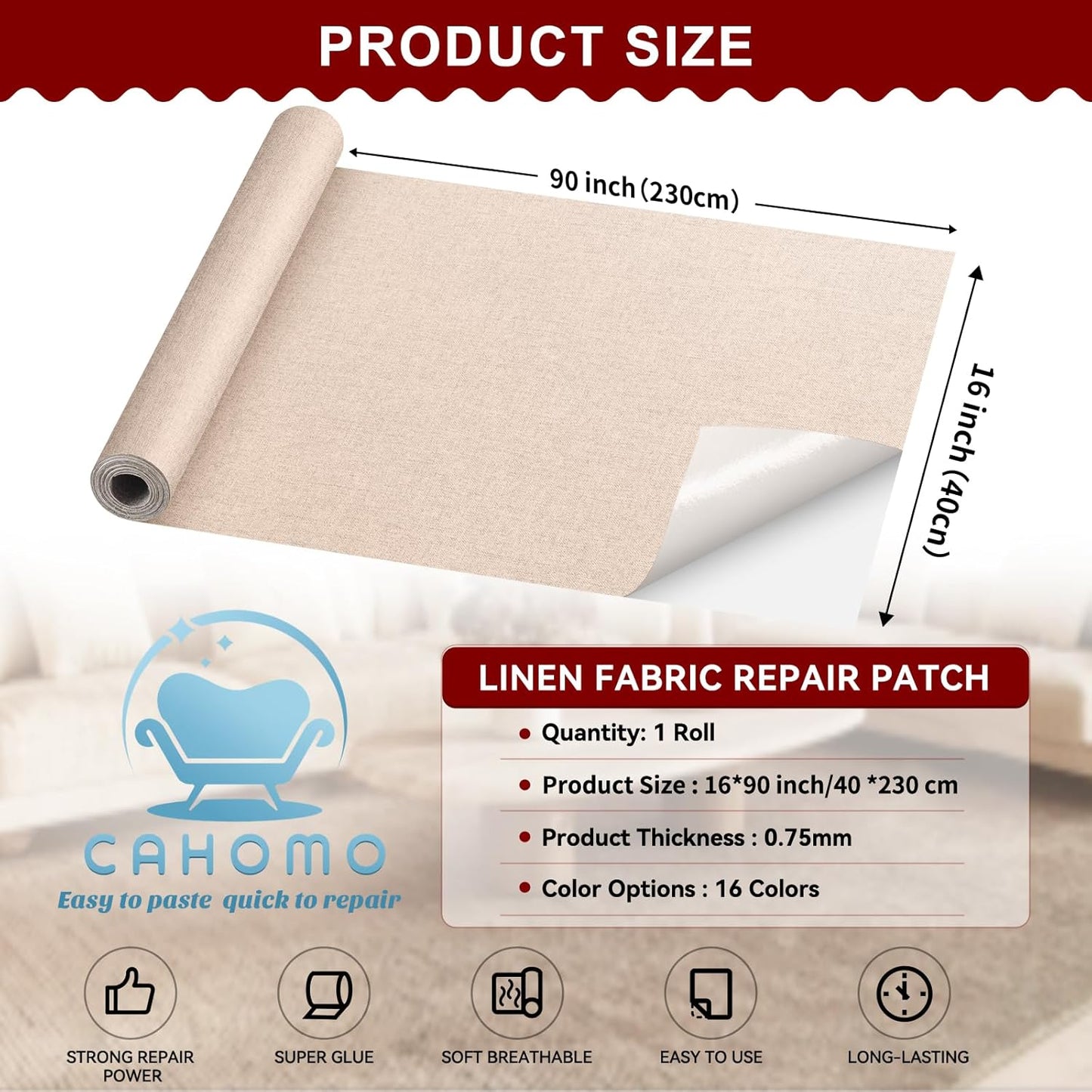 Linen Repair Tape 16x90 inch, Self Adhesive Fabric Patches, Linen Patch Tape Kit, Fabric Repair Tape for Couch Sofas, Headboards, Chairs, Pillows, Curtains, Couches - Green