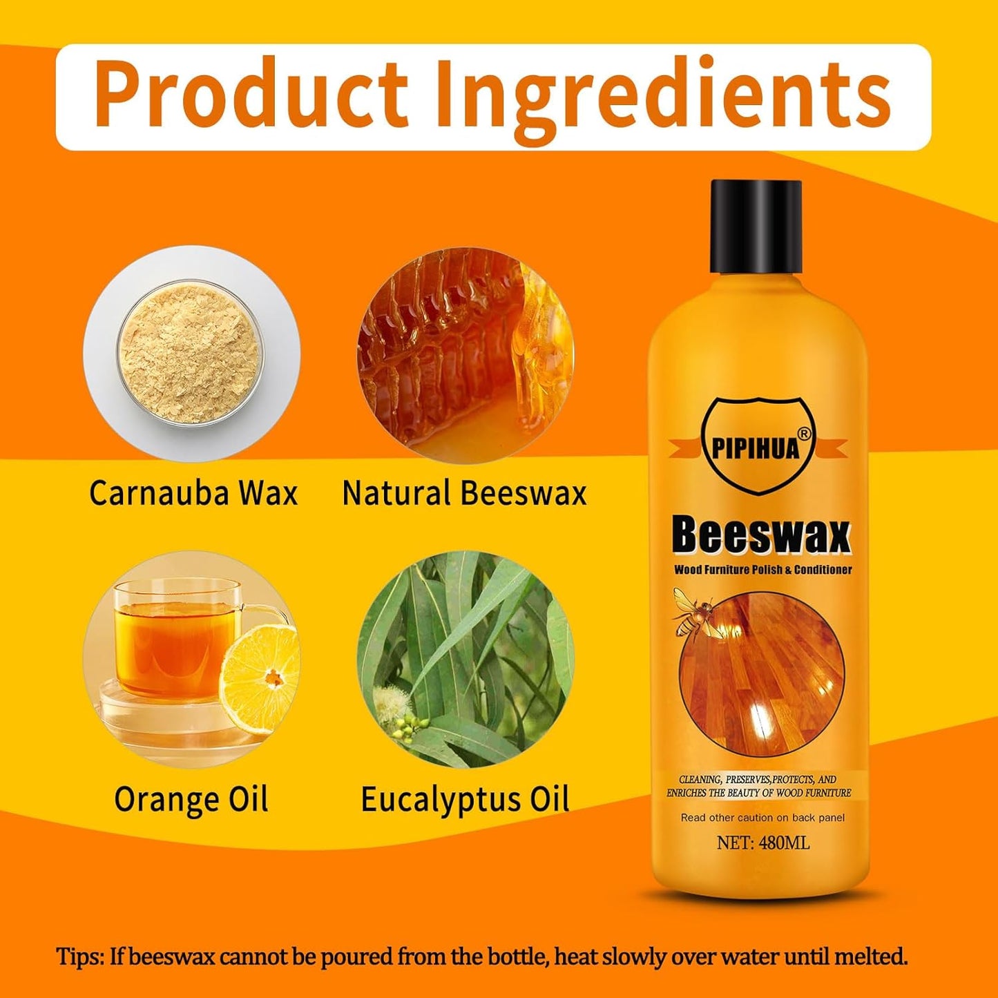 PIPIHUA Beeswax Polish and Conditioner for Wood Furniture - Waterproof & Restorer Wood Wax, Multipurpose Beeswax Furniture Polish and Cleaner for All Types and Colours, 16.23 Fl Oz