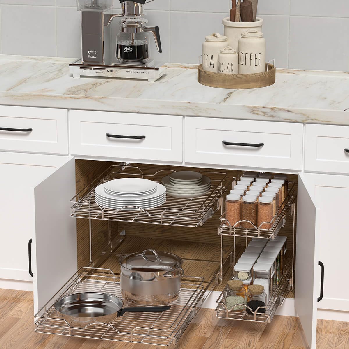 OCG 2 Tier Pull Out Cabinet Organizer (12.5" W x 18" D), Pull Out Drawers for Kitchen Cabinets, Pull Out Shelves for Base Cabinet Organization in Kitchen Bathroom Pantry, Chrome Finish