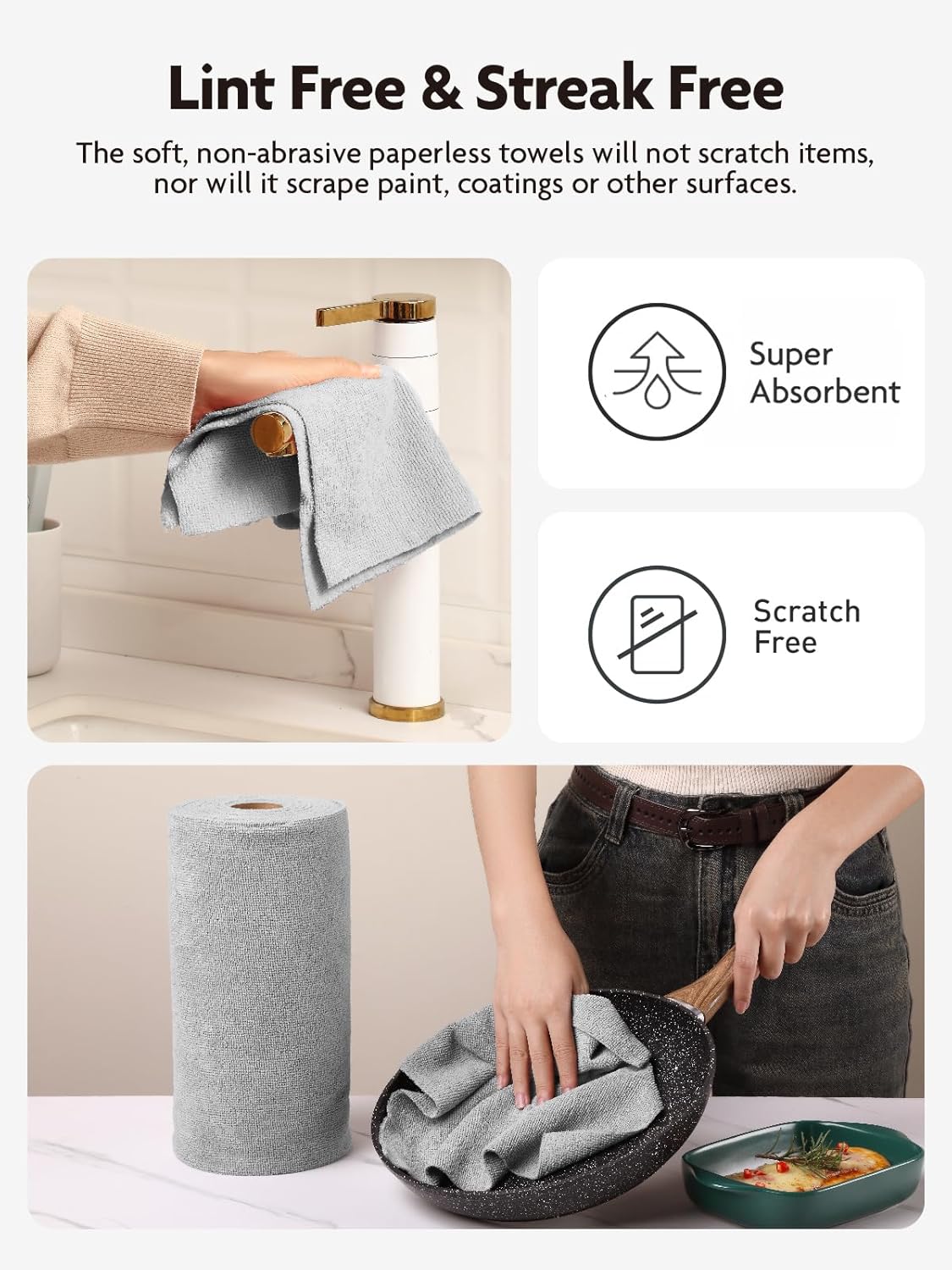 Fantasticlean Microfiber Cleaning Cloth Roll -90 Pack, Tear Away Microfiber Towels, 12" x 12", Reusable, Washable, Scratch Free, Ultra Absorbent Dishcloth for Car, Home Supplies, Pet, Kitchen (Grey)