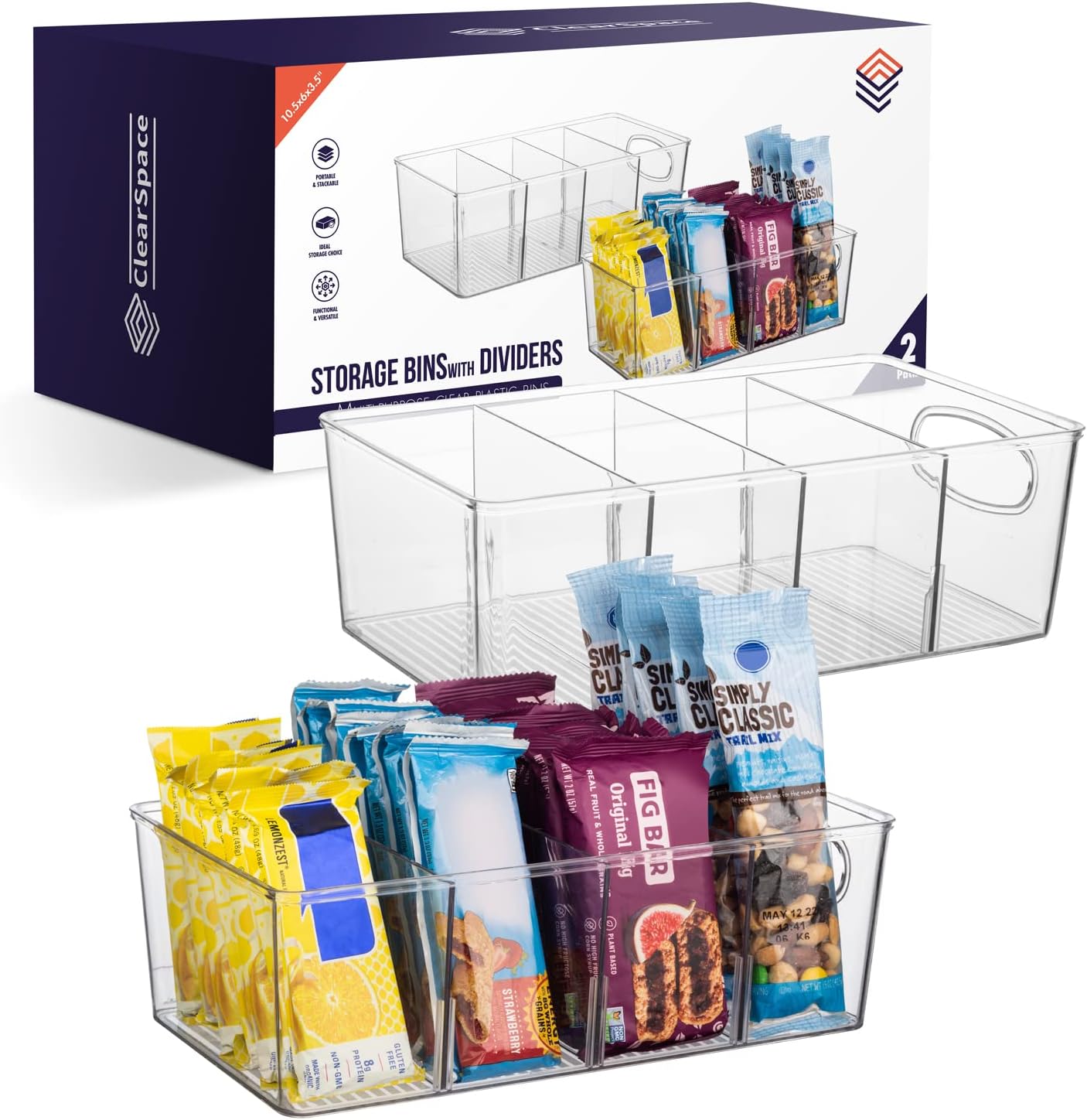 ClearSpace Pantry Organization and Storage Bins with Removable Dividers – Perfect Pantry Organizers or Kitchen Organization – Refrigerator Organizer Bins, Cabinet Organizers (2 Pack)