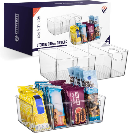 ClearSpace Pantry Organization and Storage Bins with Removable Dividers – Perfect Pantry Organizers or Kitchen Organization – Refrigerator Organizer Bins, Cabinet Organizers (2 Pack)