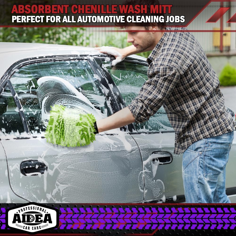 AIDEA Car Wash Mitt Microfiber, 2PK Scratch Free Lint-Free, Premium Chenille Microfiber Mitt Car Wash Brush, Green, Regular Size 7.12''X10.14''