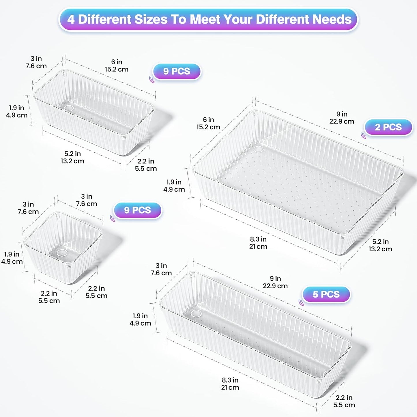 25 PCS Clear Plastic Drawer Organizer Set - 4 Sizes Makeup Organizer Desk Drawer Divider Bathroom Organizers and Storage Bins for Makeup, Jewelry, Gadgets, Office, Kitchen, Bedroom, Bathroom