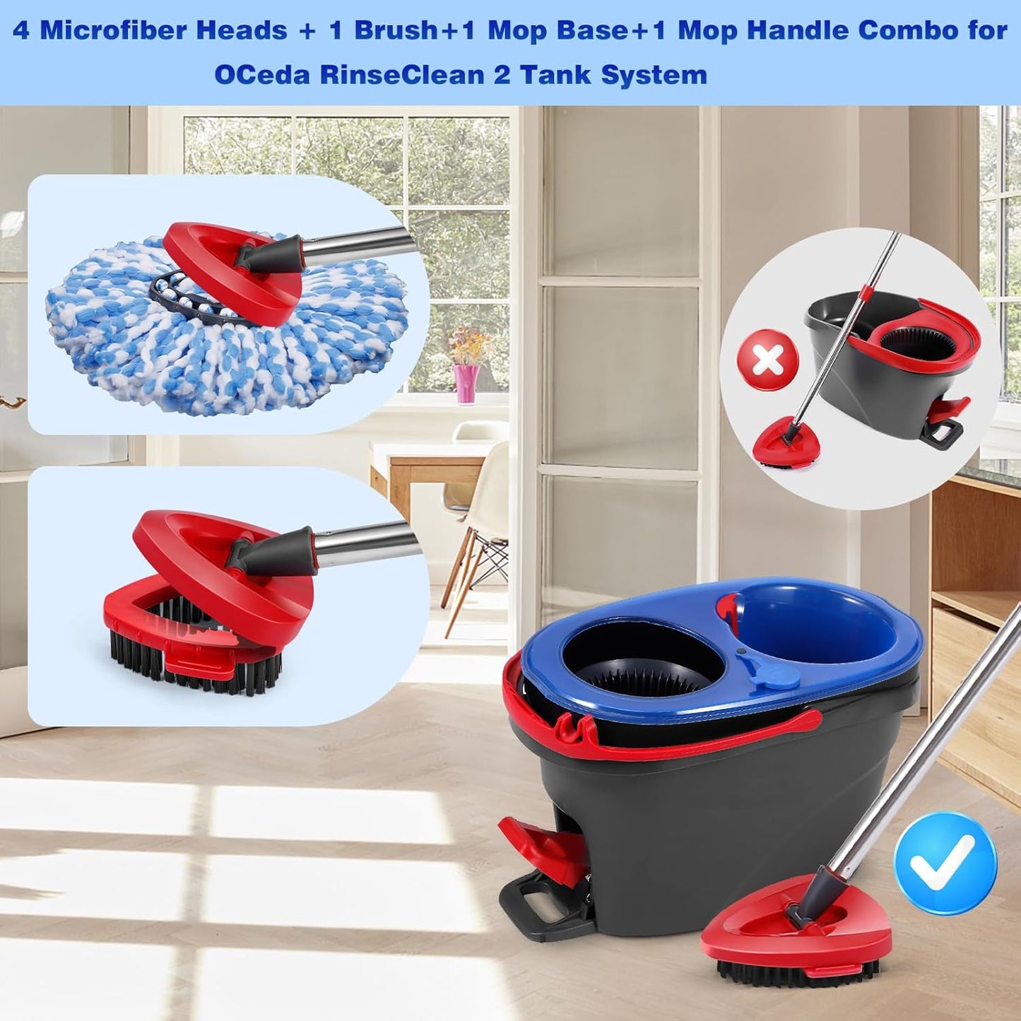 Mop Heads Replacements Complete Combo Set for O-Ceda,4 Pcs Machine Washable Microfiber Spin Mop Refills Replace Heads,1Scrub Brushs,1Base,1 Set Handle,Spin Replacements for Tub and Tile Cleaning