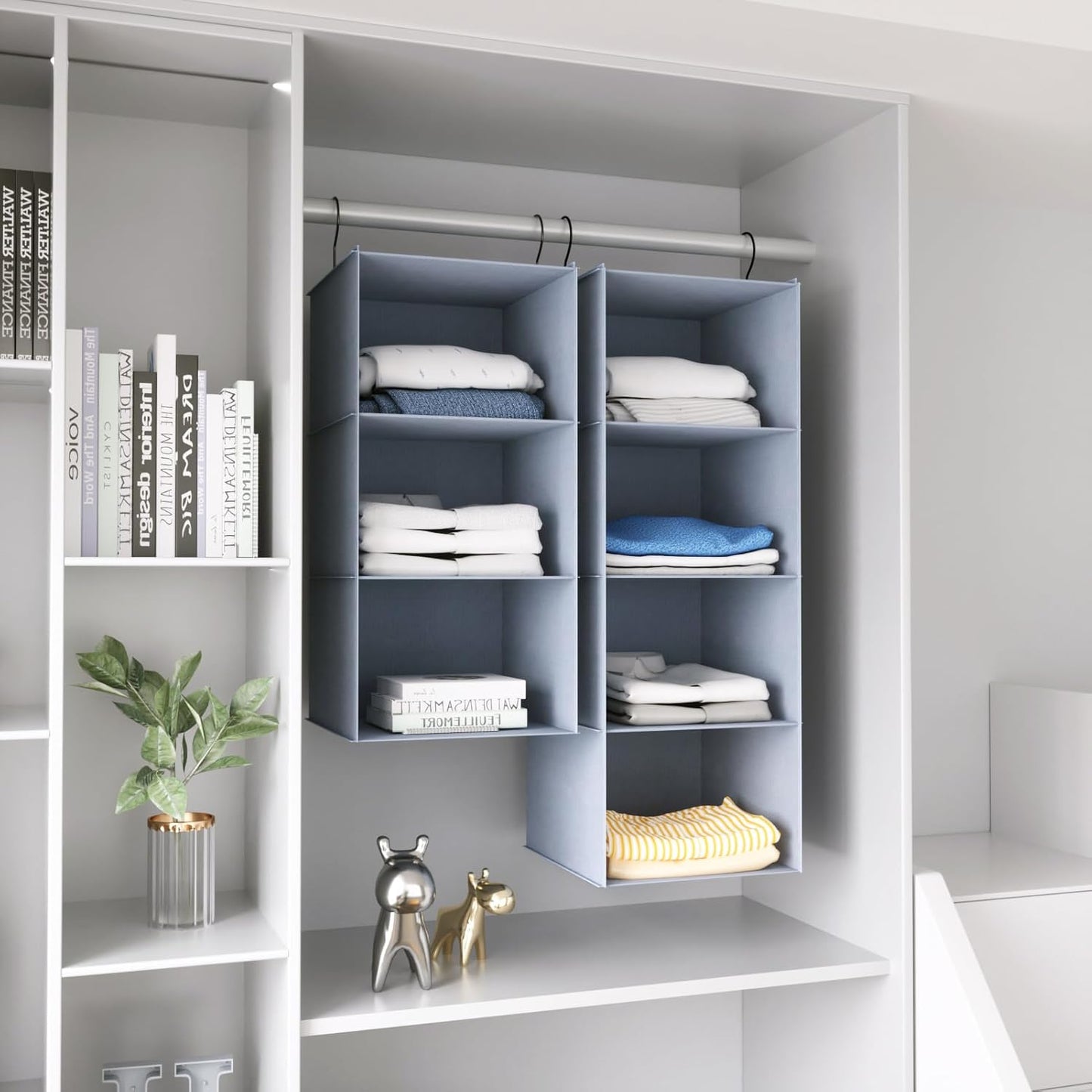 Hanging Closet Organizer and Storage 3-Shelf, Easy Mount Foldable Hanging Closet Wardrobe Storage Shelves, Clothes Handbag Shoes Accessories Storage, Washable Oxford Cloth Fabric, Gray