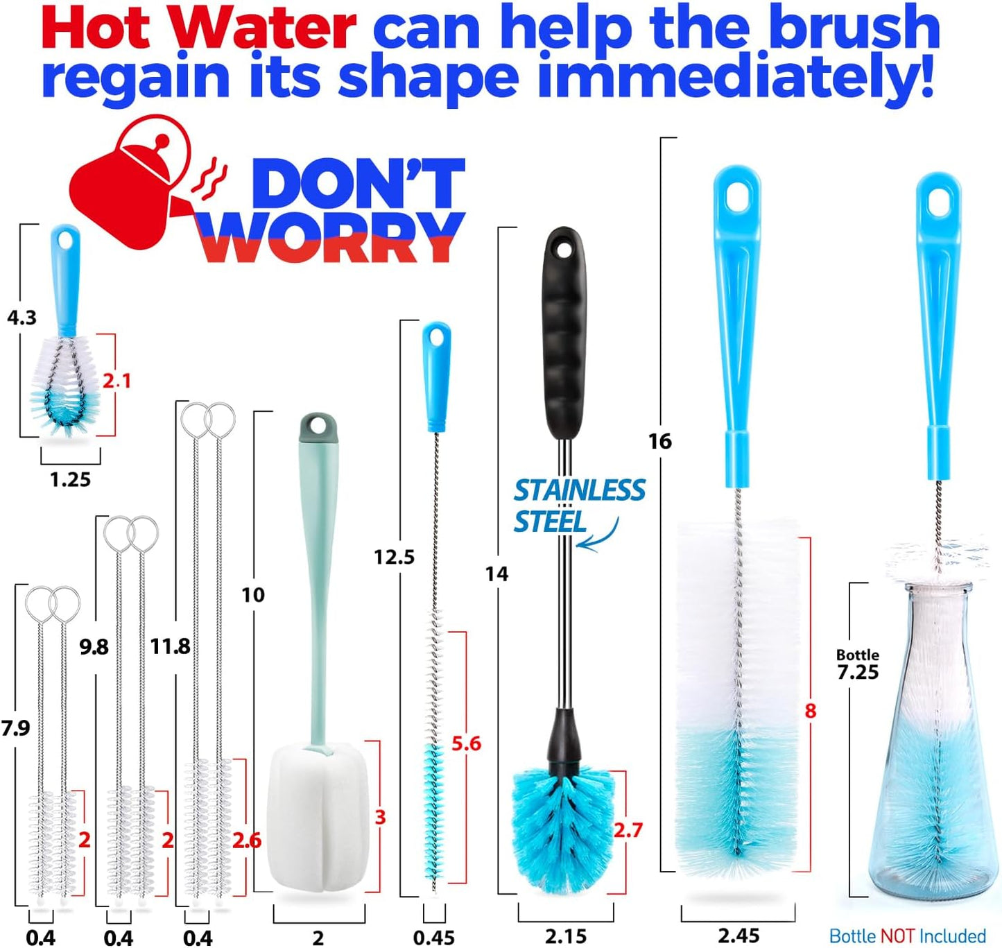 Holikme Bottle Brush Tube Cleaning Lab Set with Long Handle, Cup Cleaner for Washing Narrow Neck Beer Wine Decanter Pipes Lids Sinks Cap Covers, Green
