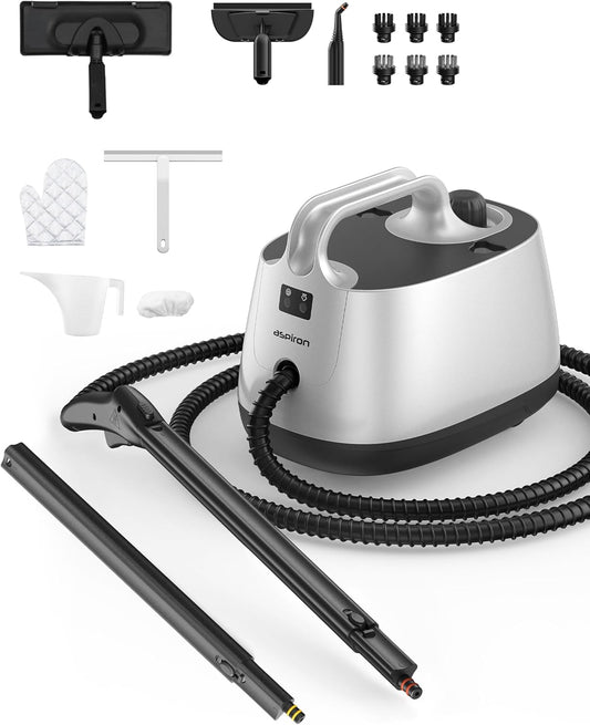 Steamer for Cleaning, Aspiron Multipurpose Portable Canister Steamer with 21 Accessories, Chemical-free, Steam Cleaner Carpet and Upholstery Floors Car Kitchen Tiles, 1.5L Capacity