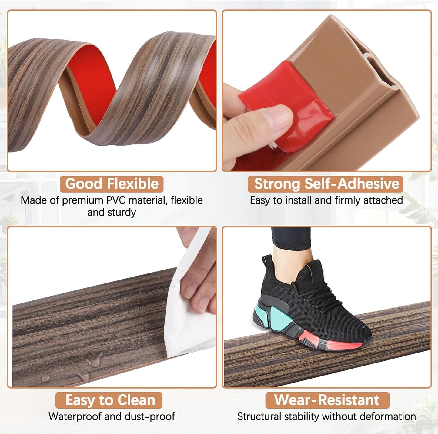 Vinyl Door Threshold Flooring Transition Strip Self Adhesive Carpet Edging Strip for Laminate Doorway Edge Threshold from 3/5" to 4/5" (Grayish Brown Wood Grain, 3.3 Ft)