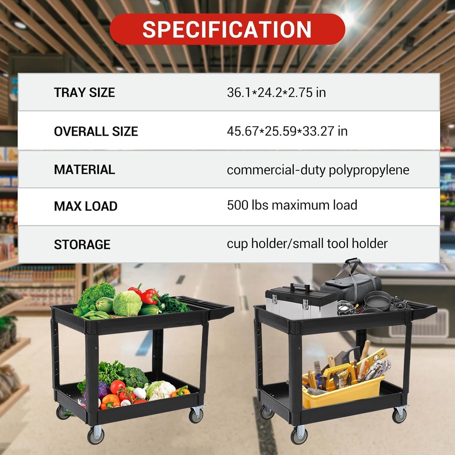 Utility Service Cart 2-Shelf 500 Lbs Capacity, Heavy Duty Rolling Cart with Two Trays and Brake Wheel for Warehouse, Garage, Cleaning, Manufacturing, Storage Handle, 45"X25" Black