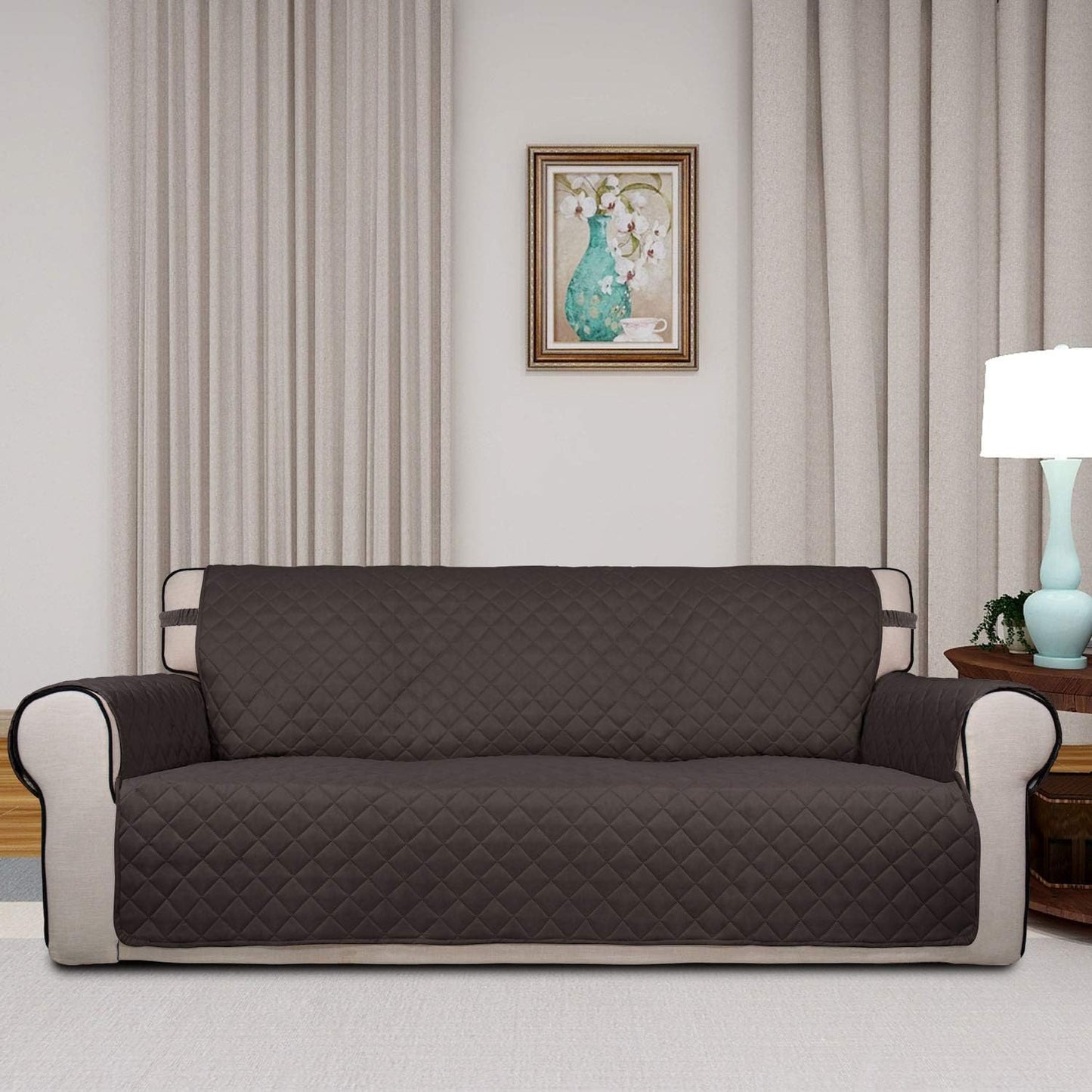 PureFit Reversible Quilted Sofa Cover, Water Resistant Slipcover Furniture Protector, Washable Couch Cover with Non Slip and Elastic Straps for Kids, Dogs, Pets (Sofa, Chocolate/Beige)