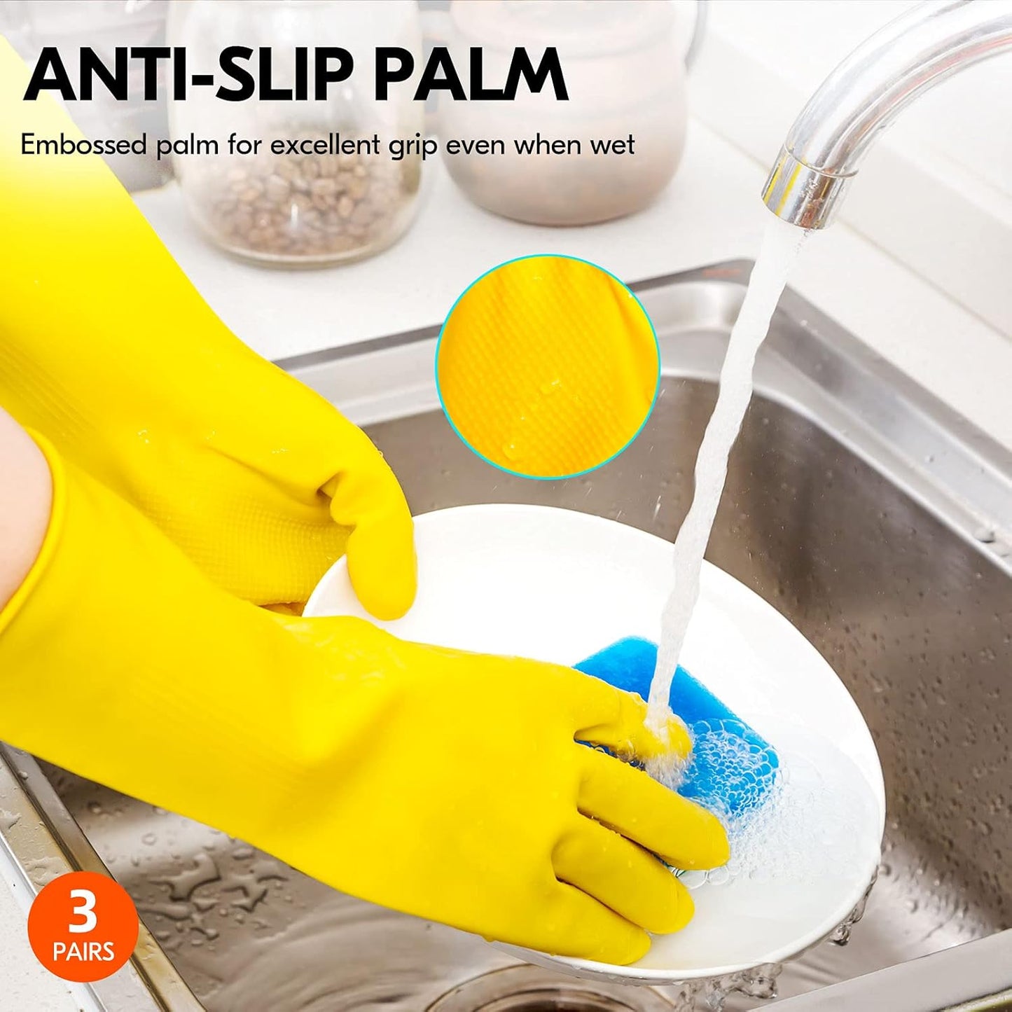 Vgo... 3-Pairs Reusable Household Gloves, Rubber Dishwashing gloves, Extra Thickness, Long Sleeves, Kitchen Cleaning, Working, Painting, Gardening, Pet Care (Size S, Yellow, HH4601)