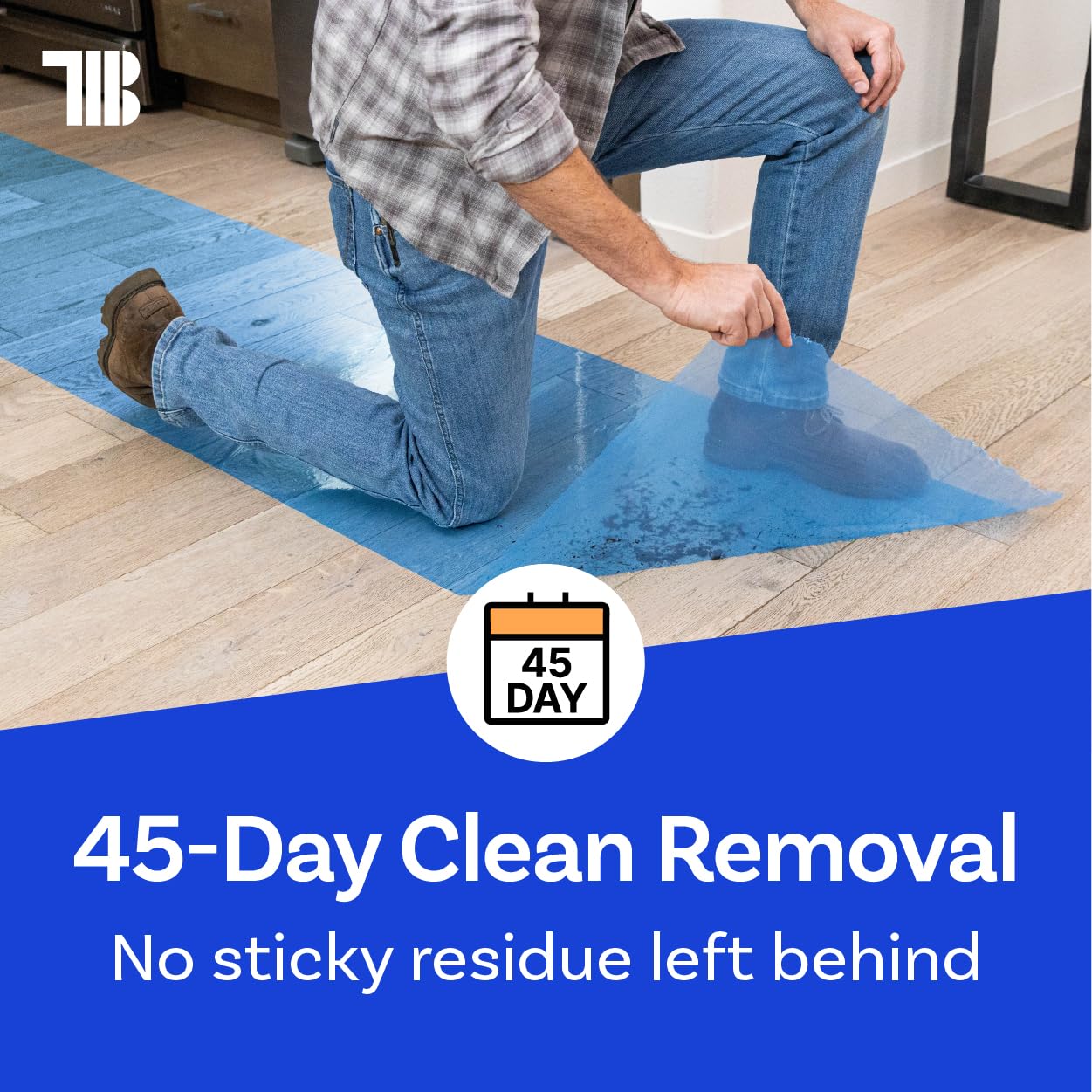 Floor Protection Film, 48" x 200', Made in USA, Blue Self Adhesive Floor Protector Tape for Moving, Painting and Construction, Temporary Covering to Shield Hardwood, Tile, Hard Surfaces