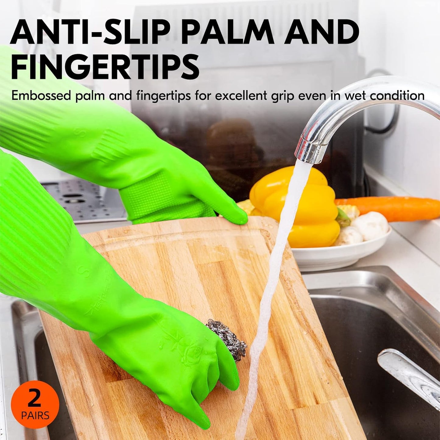 Vgo 2-Pairs Dishwashing Gloves, Reusable Household Gloves, Long Sleeve, Thick Latex, Cleaning, Washing, Working, Painting, Gardening, Pet Care (Size S, Green, RB2143)