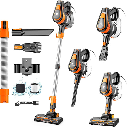 23Ft Corded Vacuum Cleaner, 600W Powerful Self-Standing Stick Vacuum for Home with 20Kpa Suction, 2 Speeds Lightweight Household Vacuum Cleaner for Carpet,Hardwood Floors and Pet Hair
