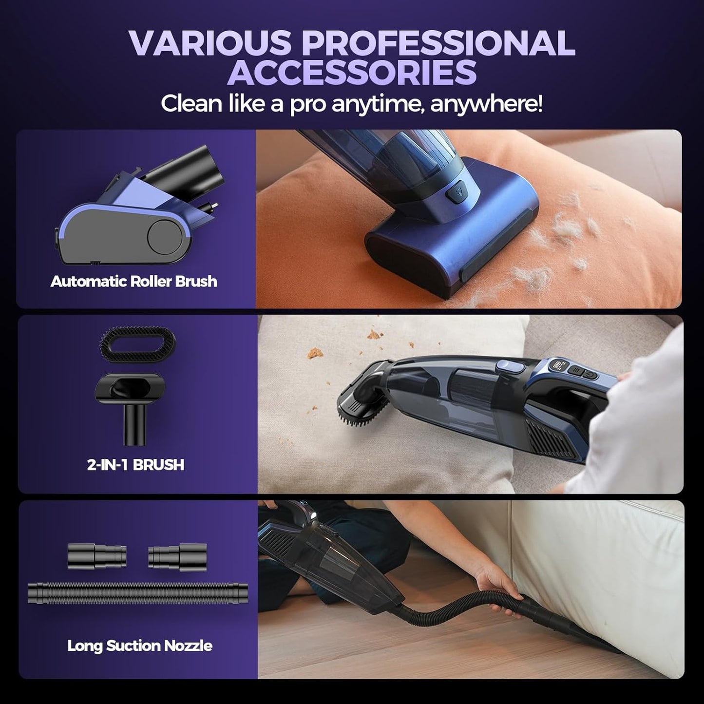 Pet Hair Handheld Vacuum Cordless: 20000PA High Power Car Vacuum with Motorized Brush and LED Light, Rechargeable Hand Held Vacuum Cleaner with Reusable Filter for Car, Home, Office & Pet, Blue