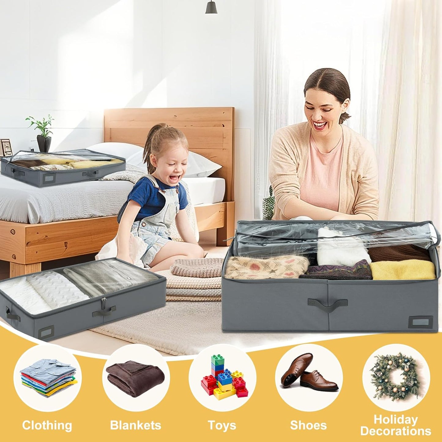 4-Inch Under Bed Storage Containers (2-Pack) | Sturdy Sidewalls | Clear Cover & Label Holder | Foldable Closet Organizer | Stores Clothing/Blankets/Sweaters/Sheets