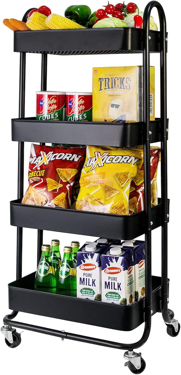 elabo 4-Tier Metal Mesh Utility Rolling Cart, Storage Organizer Trolley Services Cart with Lockable Wheels for Kitchen, Bathroom, Living Room (Black)