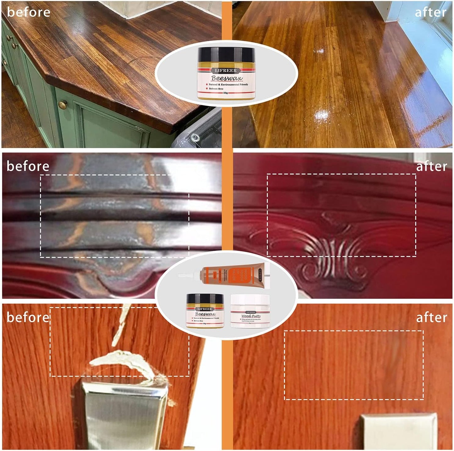 Lifreer Wood Repair Kit, 42 Pcs Furniture Repair Kit - Wood Filler, Touch Up Marker, Wood Putty, Wood Crayon for Scratch, Cracks, Stains, Discoloration for Wooden Door, Floor, Table, Cabinet