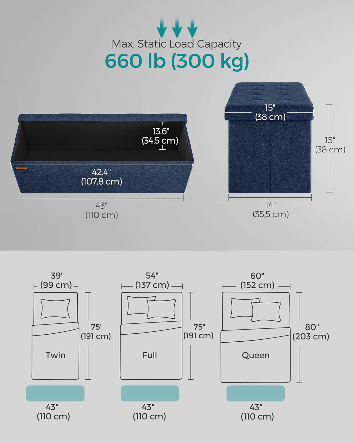 SONGMICS Mazie Collection - 43 Inches Storage Ottoman, Foldable Storage Bench with Flipping Lid, 660 lb Load Capacity, for Entryway, Living Room, Bedroom, Midnight Blue ULSF076Q02