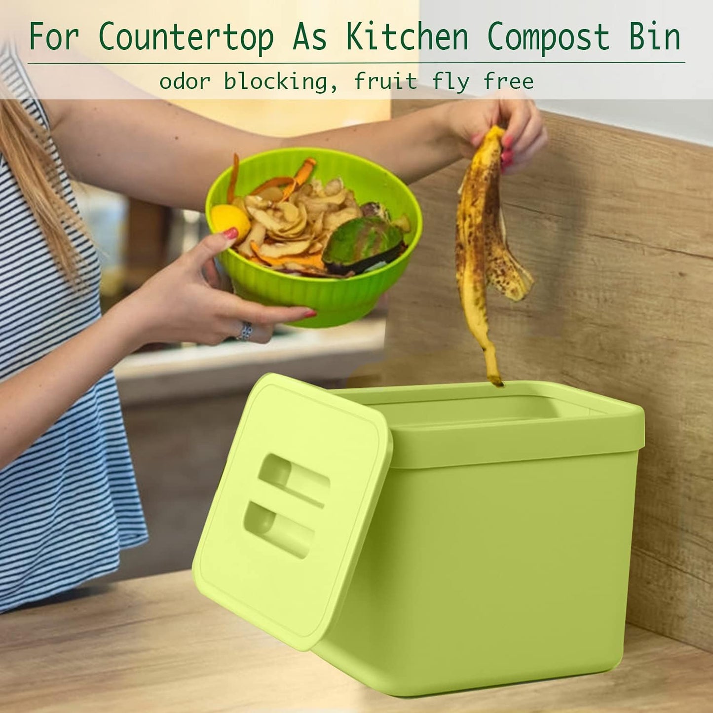 LALASTAR 1.8 Gallon Hanging Trash Can, Green, Plastic, Compost Bin Indoor Kitchen Sealed, Small Trash Can with Lid, Mountable