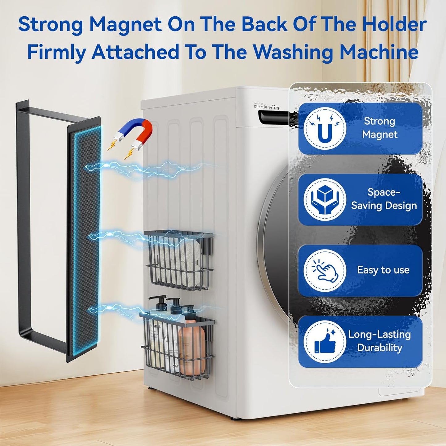 Magnetic Dryer Ball Holder and Magnetic Hanger Holder for Laundry Room Organization and Storage, Magnetic Lint Bin for Laundry Room, Iron Basket Dryer Ball Container for Laundry Room Storage (Gray)