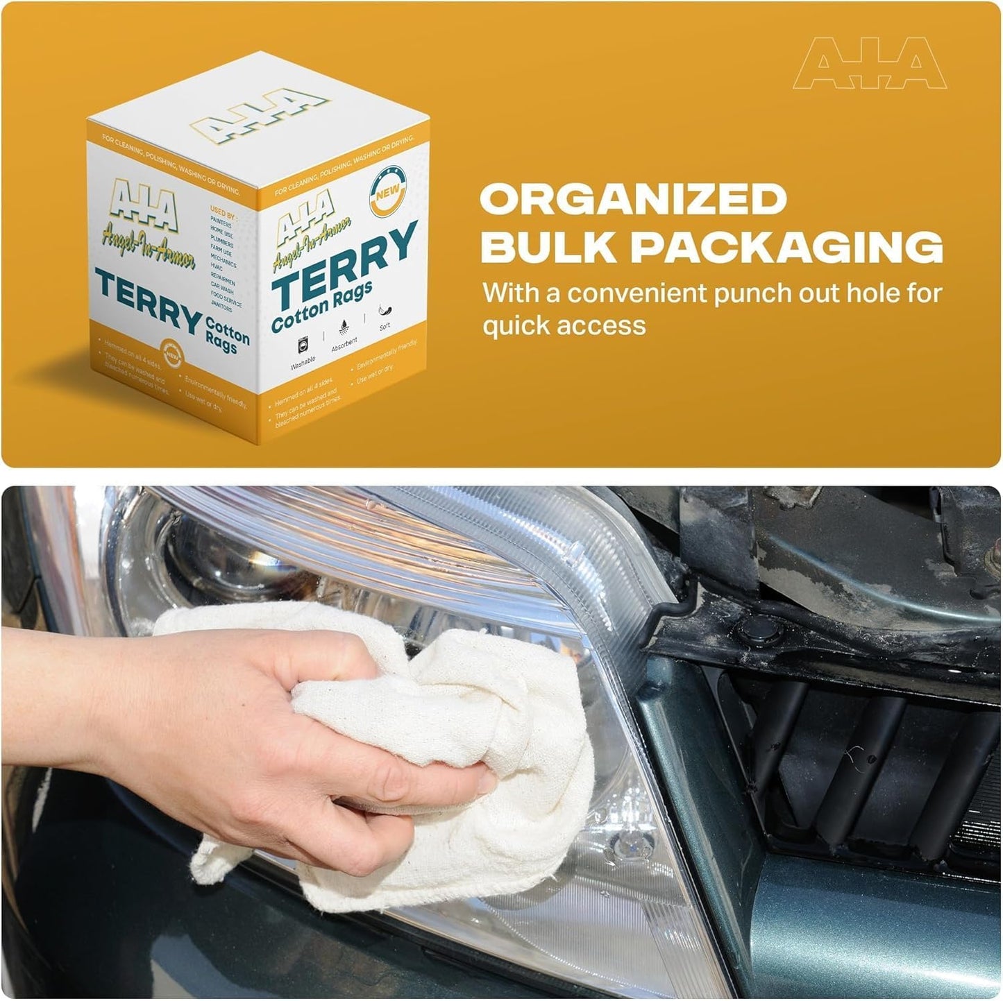 Angel-in-Armor White Terry Cloth Rags (16” x 19”) – 50lb Bulk Box of 100% Cotton Cleaning Rags – Reclaimed Towels for Plumbers, Shop Use, Janitorial, and Commercial Cleaning