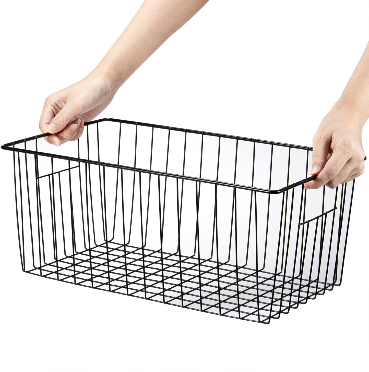 16inch Freezer Wire Storage Organizer Baskets, Household Refrigerator Bins with Built-in Handles, Black, 6PACK