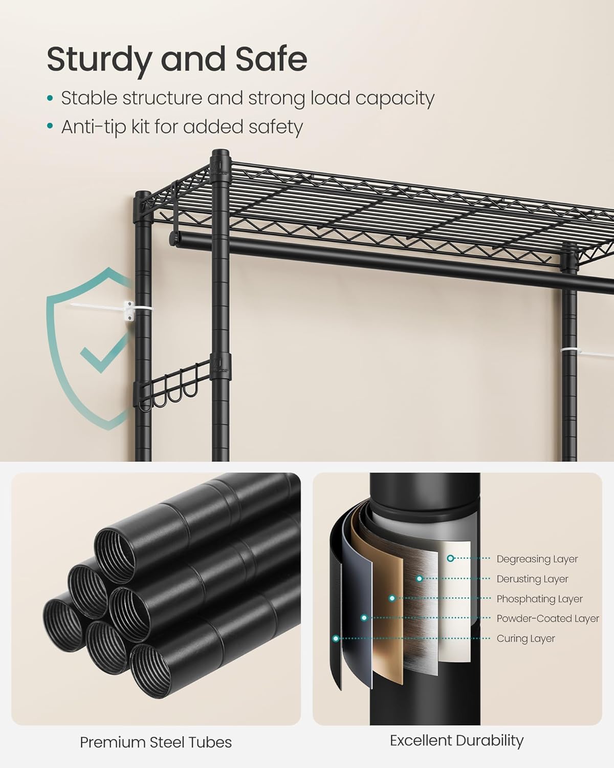 SONGMICS Heavy-Duty Rolling Clothes Rack, Garment Rack, Portable Closet, 43.3-Inch Wide Clothing Rack on Wheels, with Adjustable Mesh Shelves and Hanging Rails, Hooks, Ink Black ULGR414B01