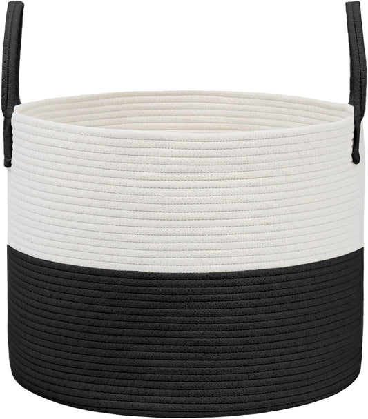 Woven Blanket Basket,115L Large Rope Storage Bin with Handles, Organizer for Blankets Toys Book and Clothes, Laundry Basket for Living Room Bedroom Nursery,White&Black