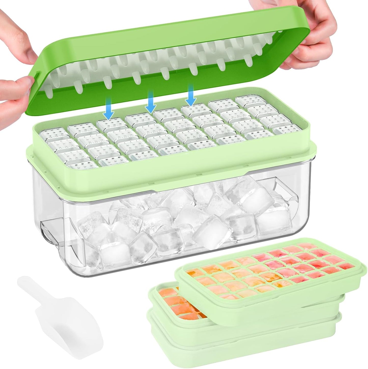 PHINOX Ice Cube Tray with Lid and Bin, 3 Pack Plastic Ice Cube Tray Molds, 96(4 * 8 * 3) pcs Ice Trays for freezer, Chilling Drinks, Whiskey & Cocktails, with Ice Container and Ice Scoop, BPA-Free