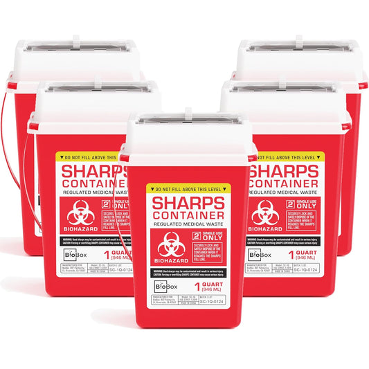 Sharps Container Large - Sharps Containers for Home Use and Labs - Portable Needle Disposal and Travel Size Biohazard Bin - 1 Quart (Pack of 5)