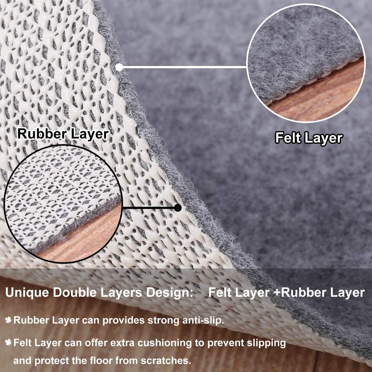 Non Slip Rug Pad Grippers - 8x11, 1/8" Thick, (Felt + Rubber) Double Layers Area Carpet Mat Tap, Provides Protection and Cushioning for Hardwood or Tile Floors