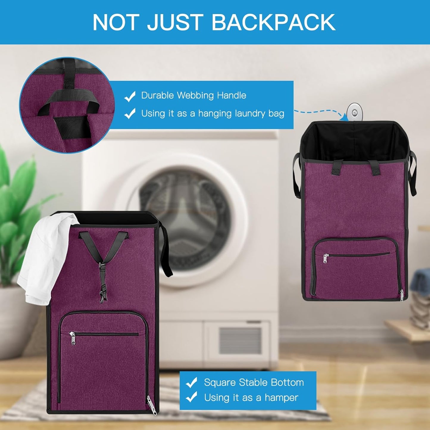 Bukere Laundry Tote Basket, Laundry Backpack Bag for Guys Girls Boys, Collapsible Laundry Hamper for College Dorm Essentials, Portable Laundry Bag for Nursery, Bathroom, Bedroom, Swimming Pool