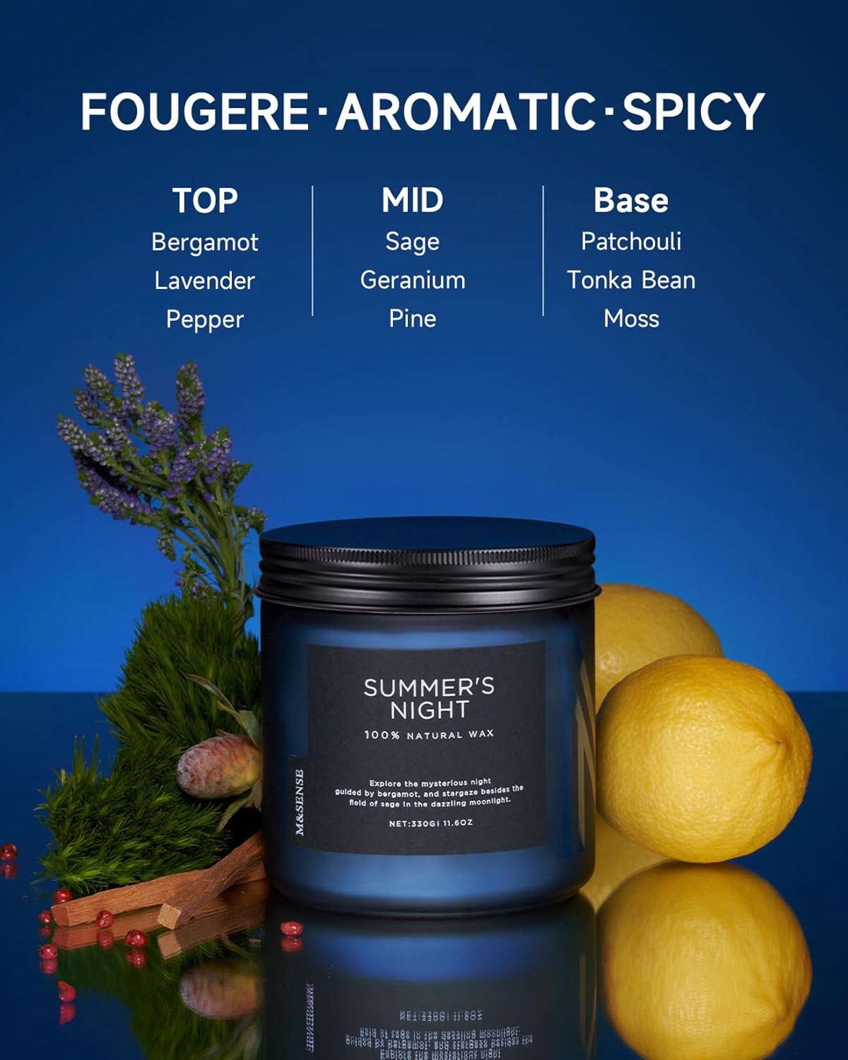 M&SENSE Summer's Night Scented Candle, 11.6oz Natural Soy Wax Clean Non Toxic for Home, Medium 2 Wick Gifts for Men, Up to 70 Hours Burn Time, Manly Candles for Bedroom