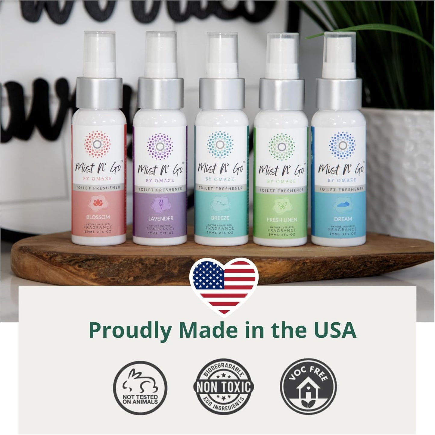 Mist N’ Go by Omaze Travel Bathroom Spray for Toilet Spray Odor Eliminator - Travel Toilet Spray for Bathroom Air Freshener Spray for Bathroom Deodorizer - Lavender Regular Size (2oz x5)