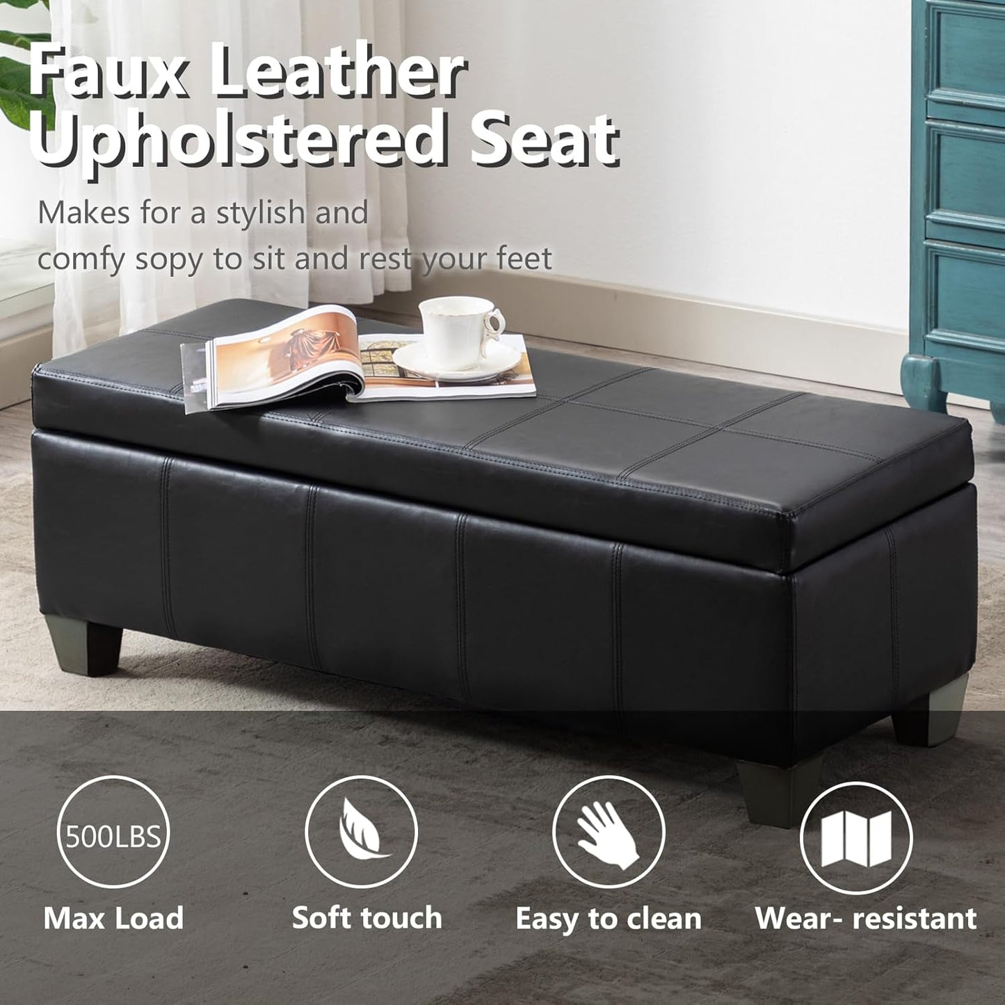 51 Inch Black Faux Leather Ottoman with Storage, Rectangular Extra Long Bench, End of Bed Bench with Large Storage for Bedroom, Living Room