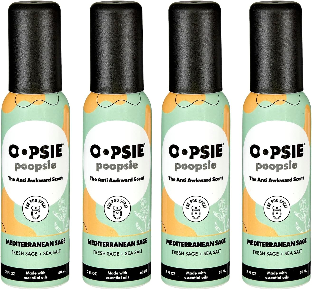 OOPSIE POOPSIE - Mediterranean Sage - Before & After You Go Toilet Spray 2oz - Portable Odor Eliminator - 4 Pack