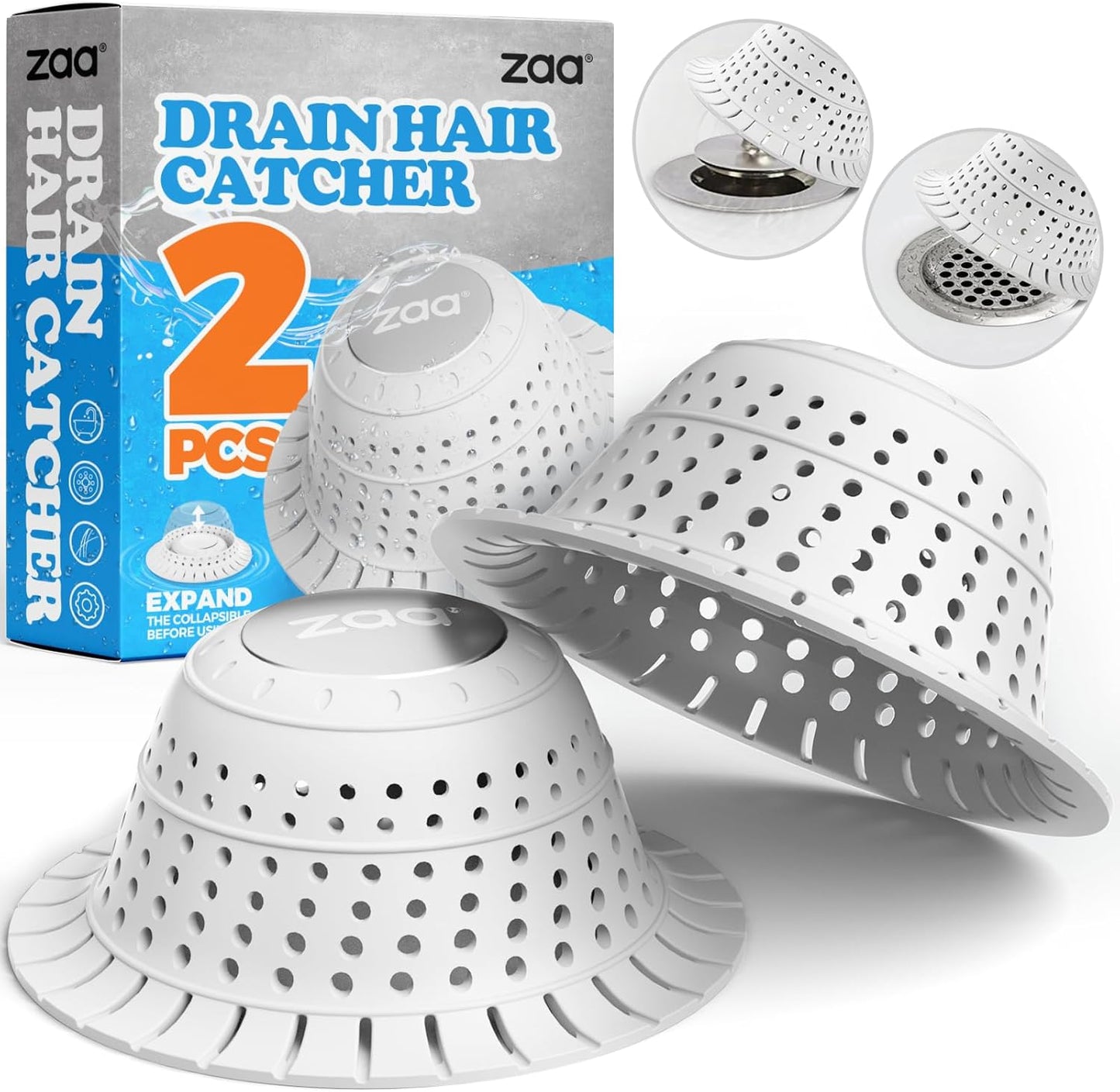 zaa Bathtub Drain Hair Catcher, Premium Silicone Collapsible 2 Pack Drain Protector for Pop-Up and Regular Drains of Shower, Bathtub, Tub, Bathroom, Sink, White
