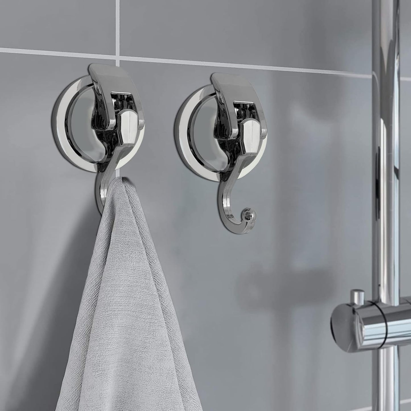Heavy Duty Suction Cup Hooks for Shower, Bathroom Robe - Vacuum Glass Hooks, Reusable, No Hole Punched, for Garland Decoration (Silver, 2 Pack)