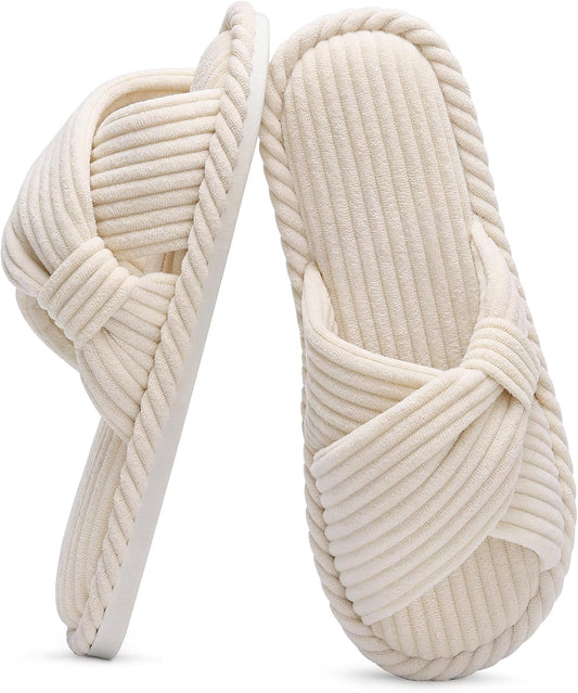 Evshine Summer House Slippers for Women Corduroy Cross Bow Indoor Slippers Open Toe Slip On Bedroom Shoes with Memory Foam