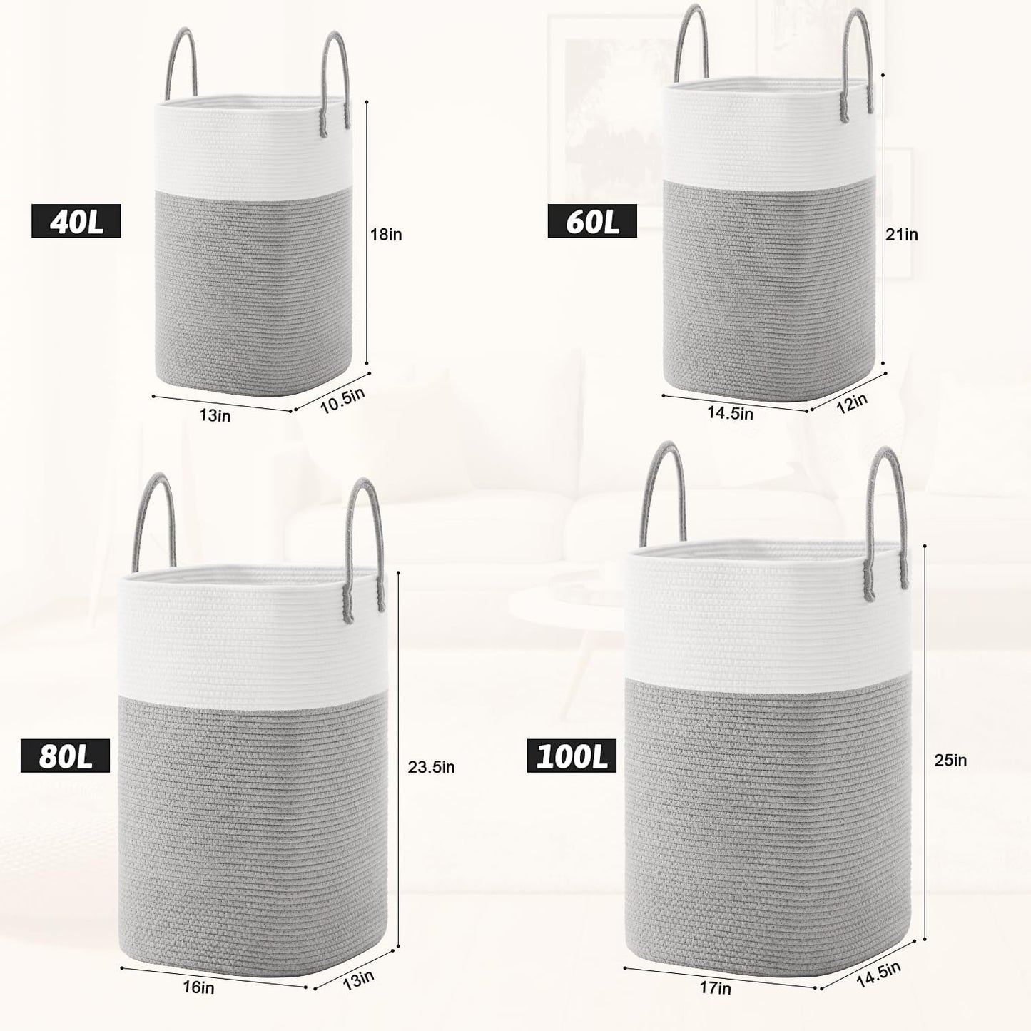 Laundry Basket,Woven Cotton Rope Laundry Hamper,Versatile Storage for Dirty Clothes,Baby Toys,and Blankets in Bathroom, Nursery,and Living Room (Grey, 100L)