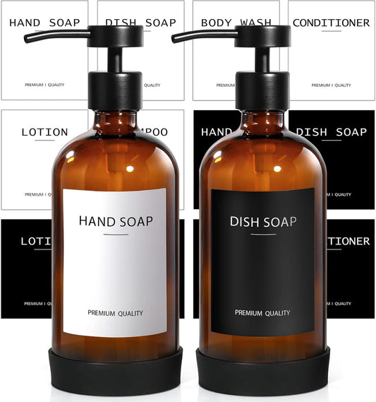 Amber Glass Soap Dispenser 2 Pack, Hand Soap Dispenser Bathroom with Stainless Steel Pump, 16.9 Fl oz Hand and Dish Soap Dispensers Set Kitchen, Modern Brown Soap Lotion Dispensers Bottle
