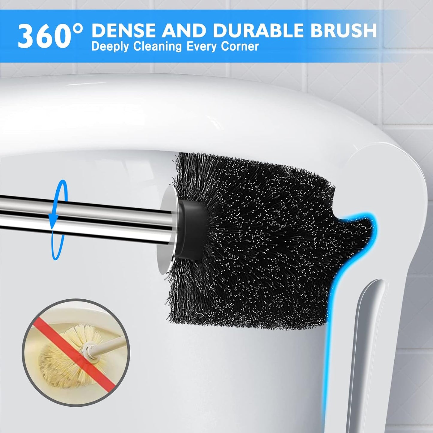 Toilet Brush and Holder 2 Pack, 304 Stainless Steel Toilet Brush with Extended and Durable Comfortable Brush Handle, Toilet Bowl Brush for Bathroom Toilet - Ergonomic, Pratical Durable
