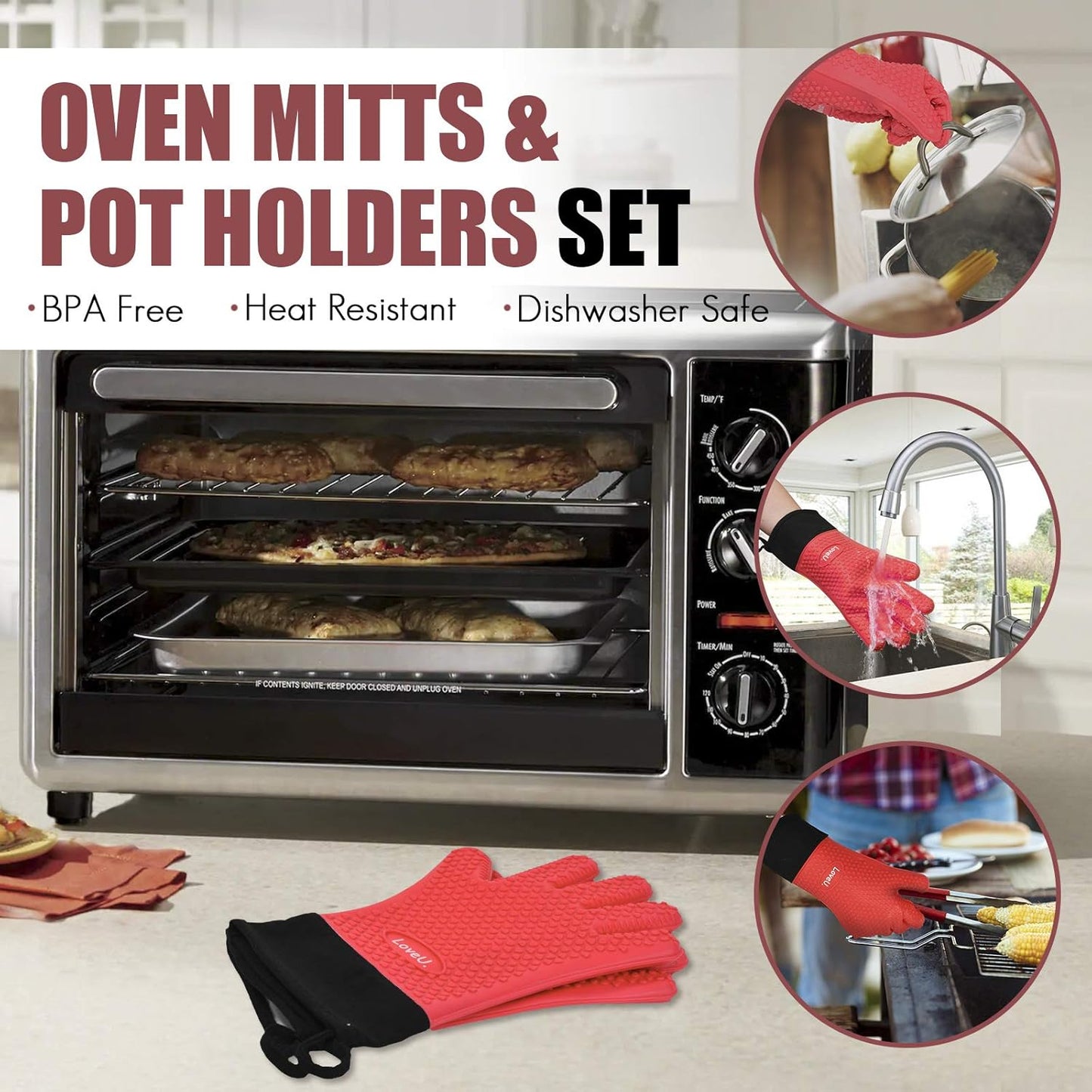 Kitchen Oven Gloves - Silicone Double-Layer Heat Resistant Oven Mitts/BBQ Gloves/Grill Gloves - Perfect for Baking and Grilling - 1 Pair (Small, Red Long)
