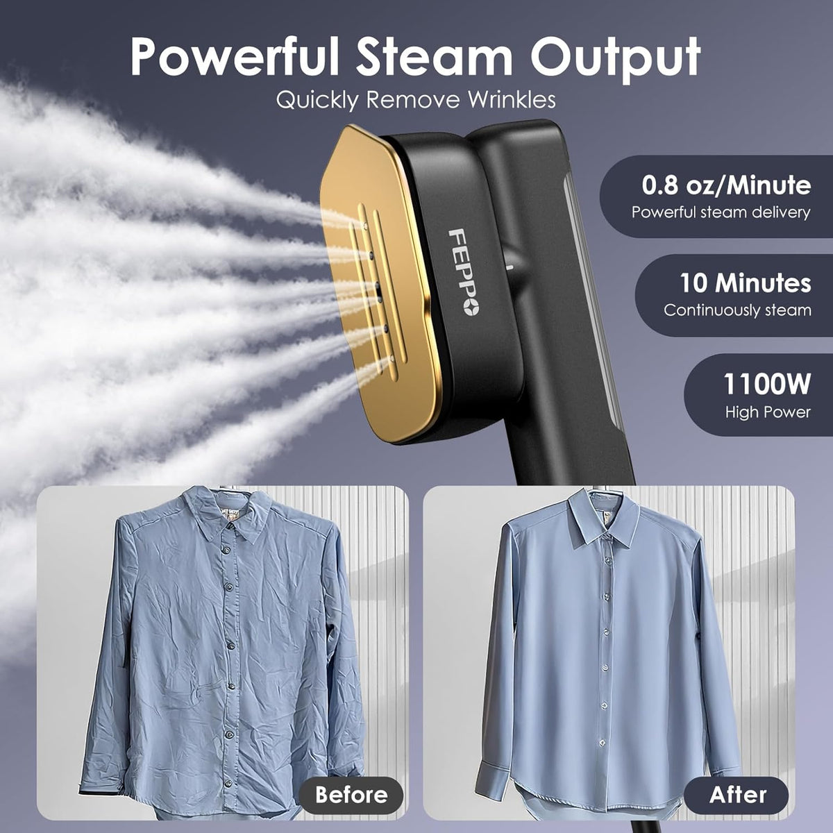 FEPPO Travel Steamer for Clothes, 110-240V Dual Voltage Portable Steamer & Iron 2 in 1, Fast Heat Up, 1100W Powerful Garment Steamer, Large Ceramic Heat Panel for Home & Global & Europe Traveling