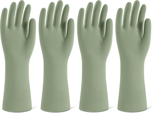 Rubber Cleaning Gloves for Dishwashing, 4 Pairs Reusable Kitchen Gloves for Washing Dishes and Household Cleaning, Green Dish Gloves with Flocked Lining and Non-Slip Grip, Pefect for Woman Men - L