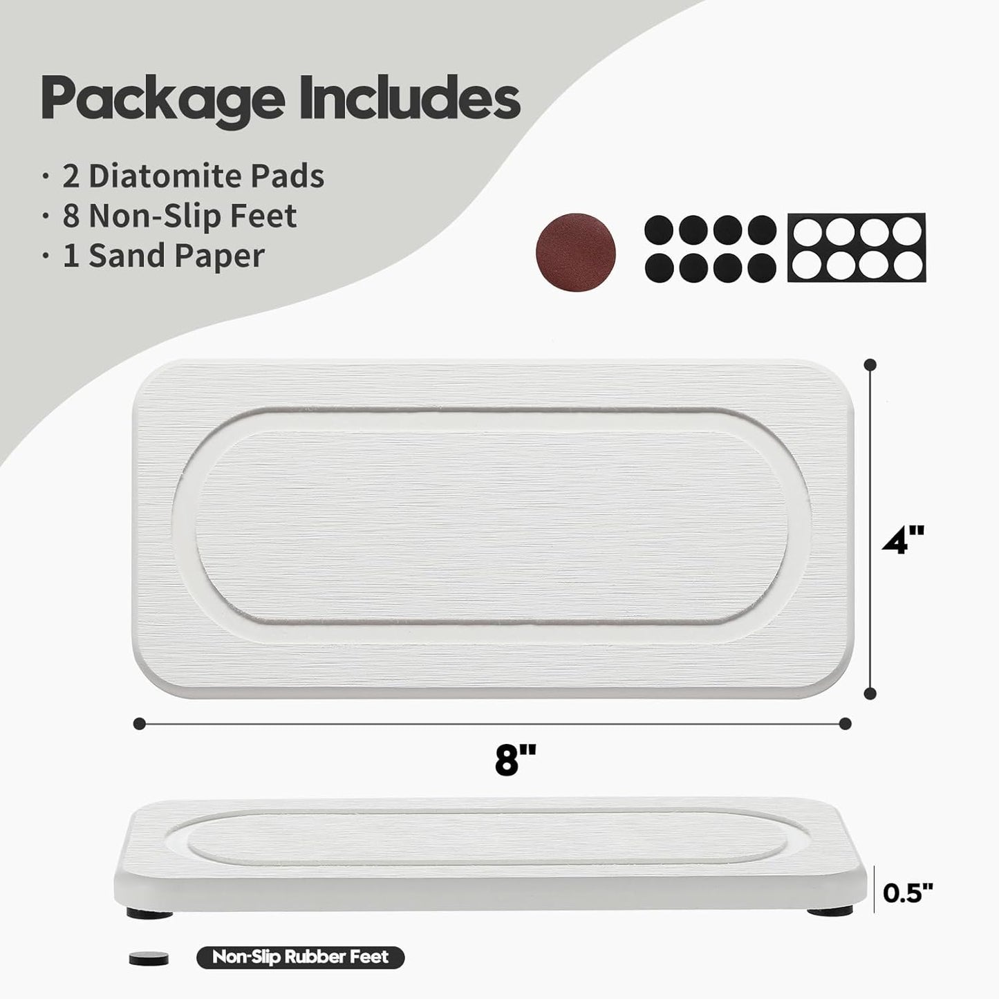 2Pack Water Absorbing Stone Tray for Sink, Diatomite Drying Coasters for Kitchen & Bathroom Counter, Kitchen Soap Dish Makeup Caddy, Dispenser Sponge Holder Space Organizer, White - 8"x 3.8"