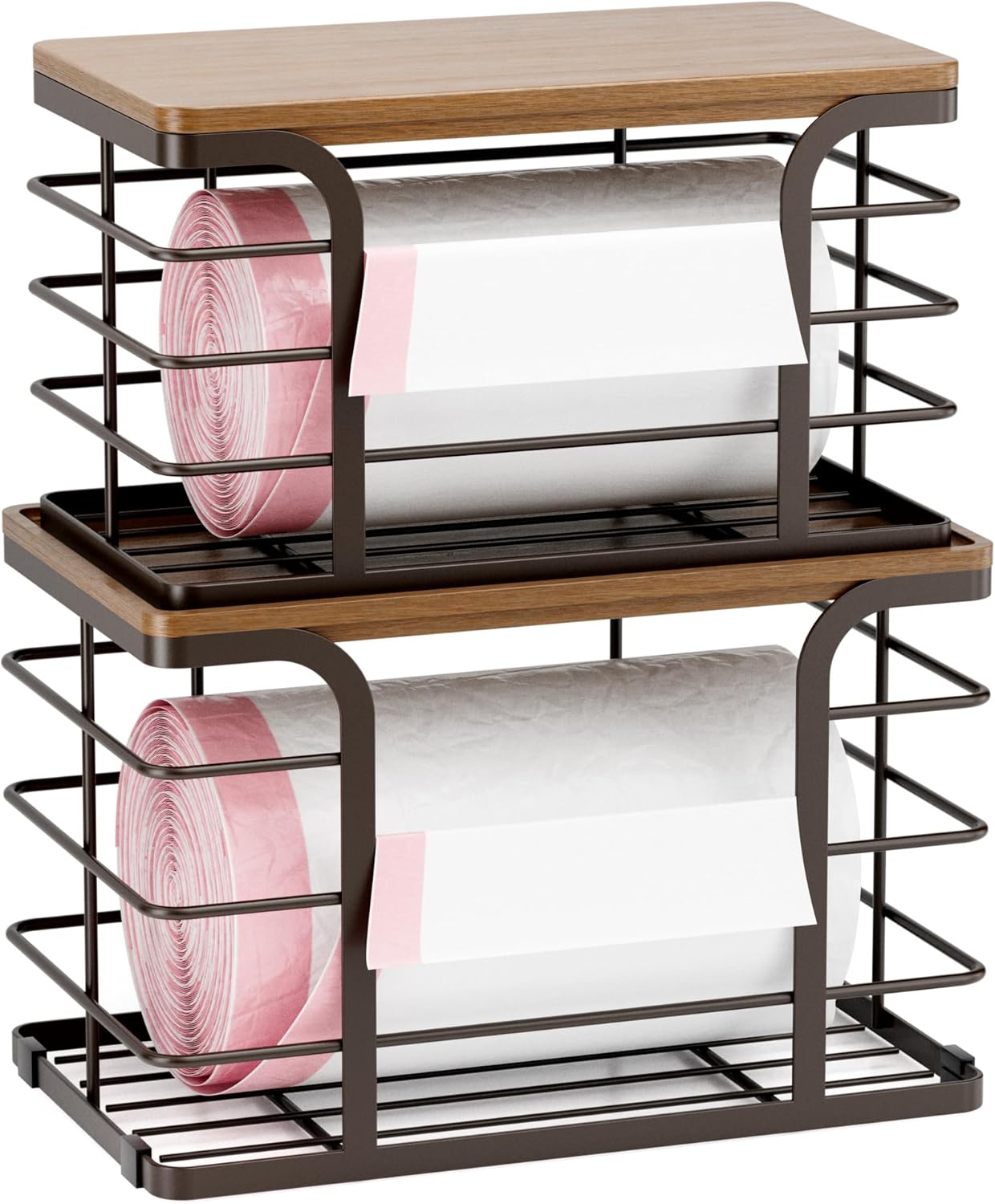 2 Pack Storage Stackable Kitchen Laundry Pantry Organizers,Wall Mount Trash Bag Holder Dispenser with Bamboo Top Countertop Organizer,Brown
