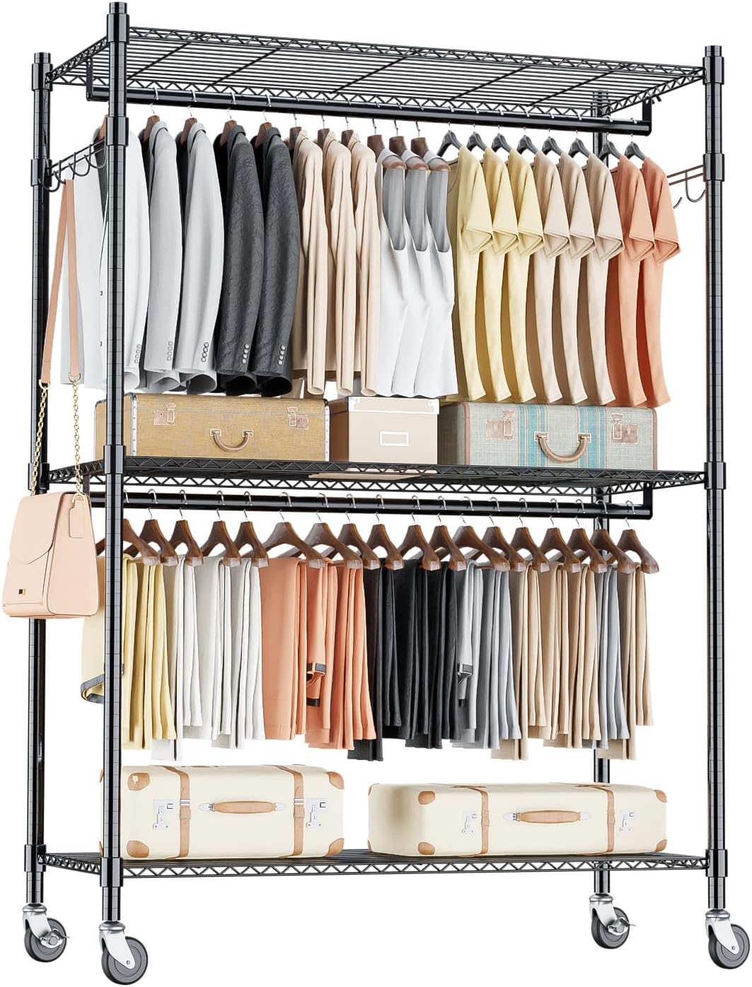 Homdox 3 Tier Heavy Duty Garment Rack with Wheels, Adjustable Wire Clothes Rack with Double Hanging Rods, Portable Closets for Hanging Clothes with Side Hooks, Black